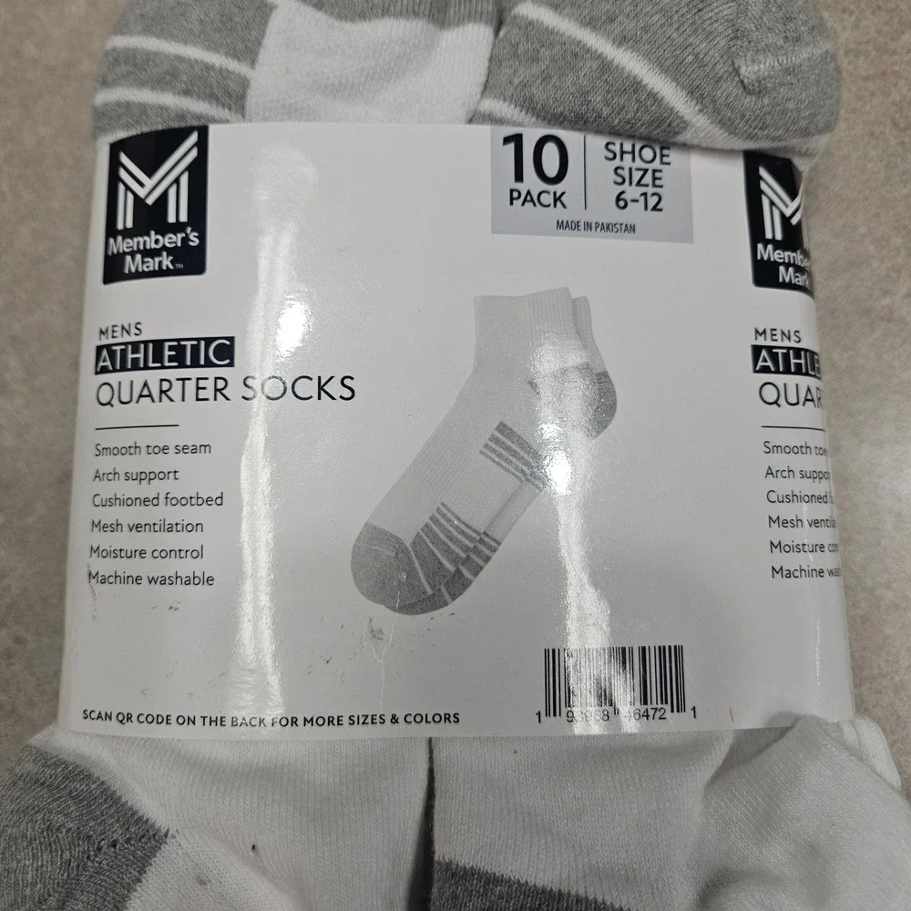 Member's Mark Athletic Quarter Socks Mens 6-12 White Gray 10 Pack Cushioned Arch